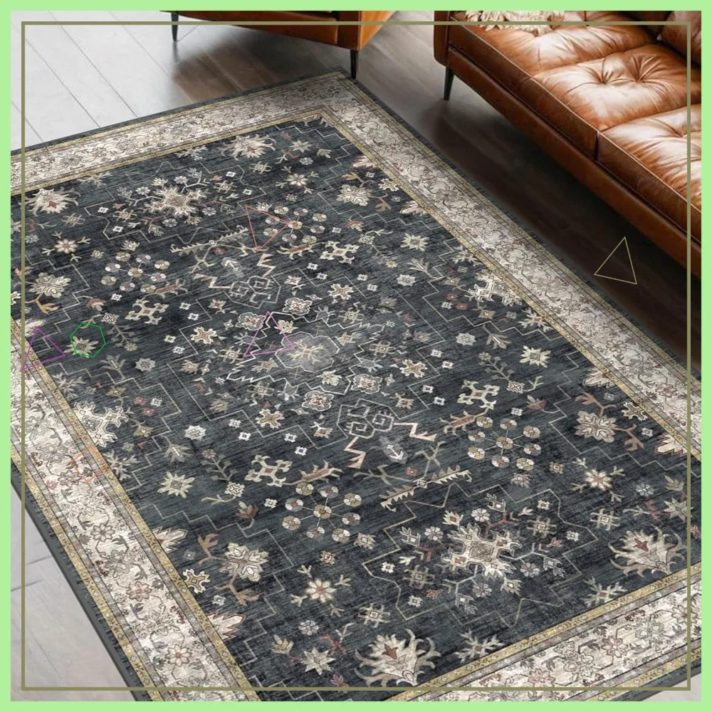 

Ковер 5x7 футов, черный, в стиле бохо, винтажный, моющийся, с низким ворсом, нескользящий, для гостиной, спальни, офиса