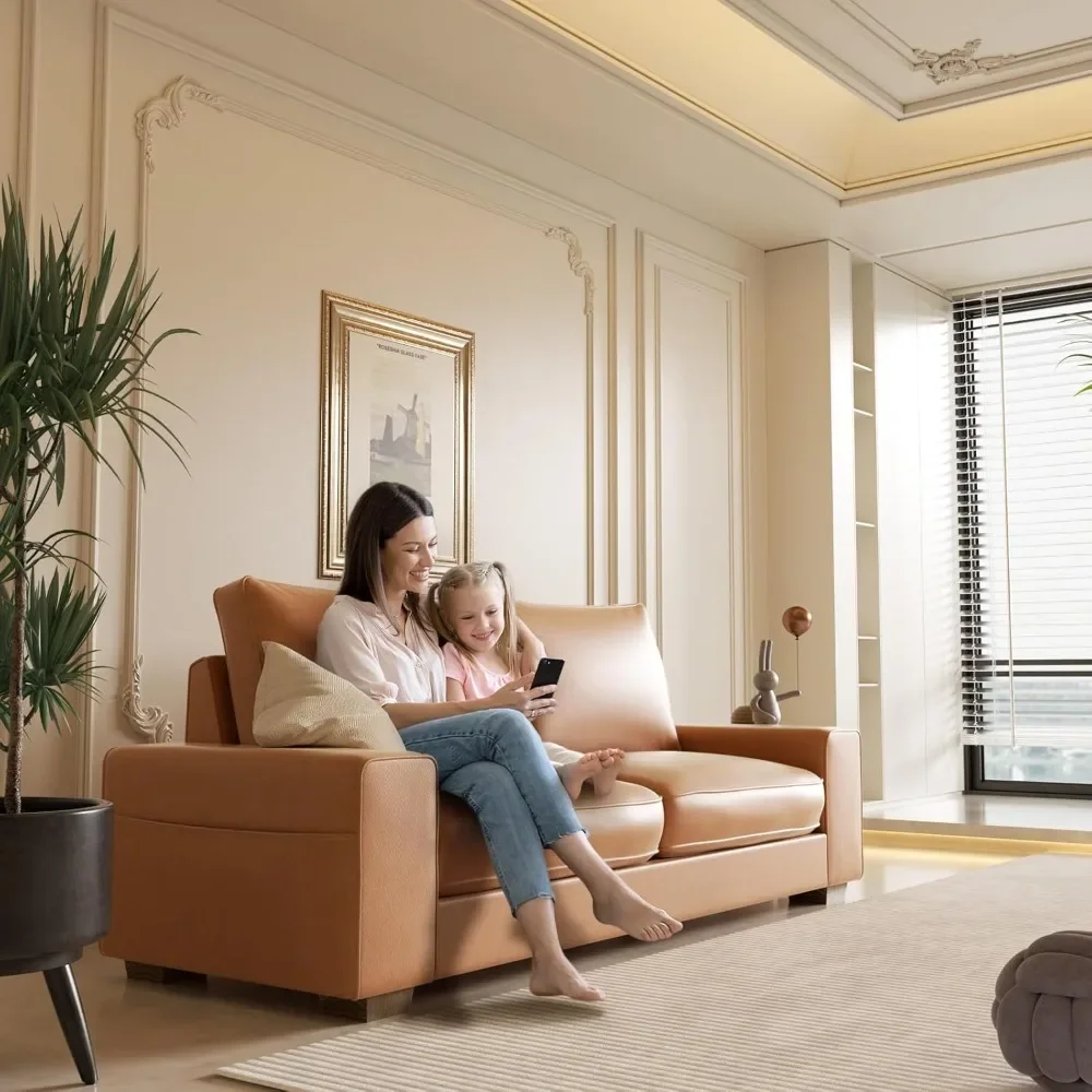 Loveseat de 2 lugares de meados do século em couro sintético com braços largos e bolsos laterais, estrutura de madeira maciça para uso em vários ambientes