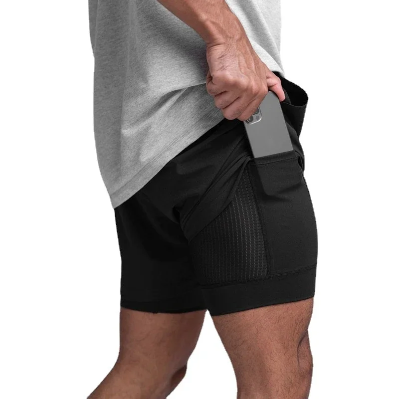 Men's double-layer sports shorts quick drying summer new lightweight and loose running casual ice silk double-layer shorts