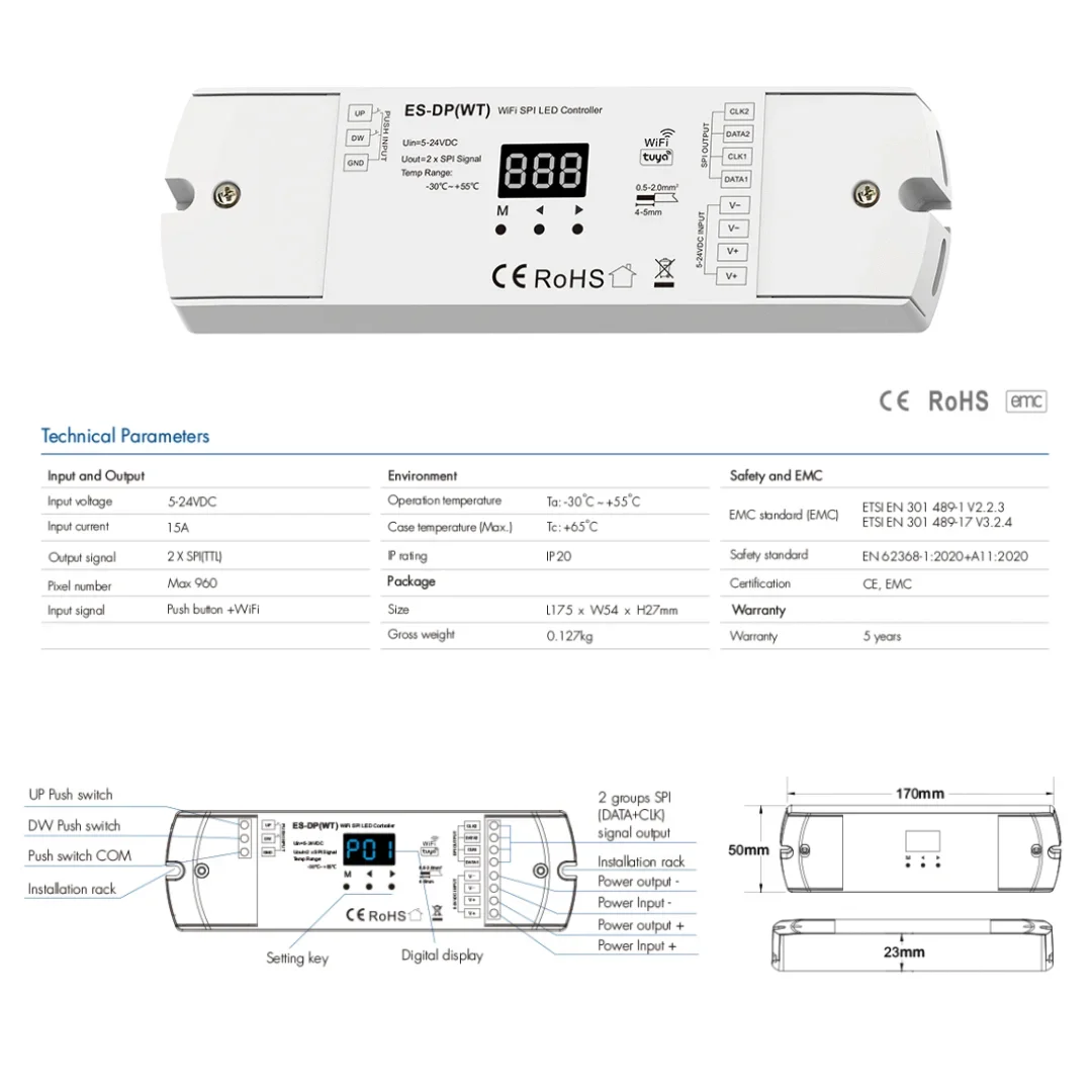 ES-DP ควบคุมไฟบันได LED (WT) WiFi SPI ปุ่มกดคู่หรี่ WS2811 2812 SK6812 RGB แถบ LED สีขาว5V-24V