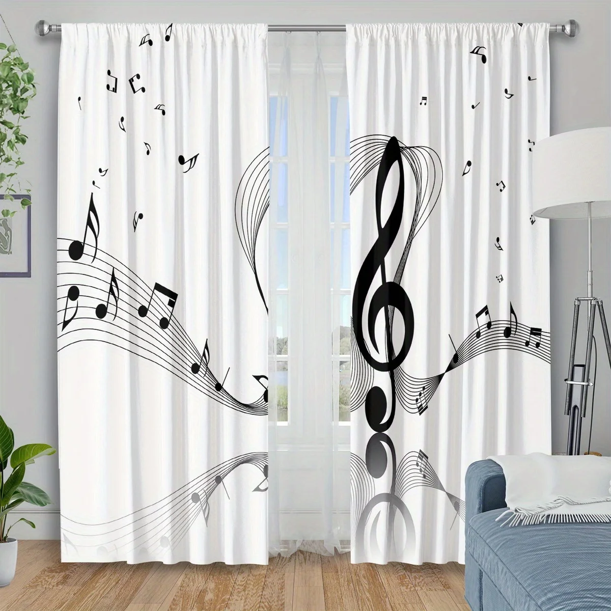 Musical Notes Curtains White Polyester Drapes Abstract Sheet Music Panels Modern Jazz Classical Window Home Decor