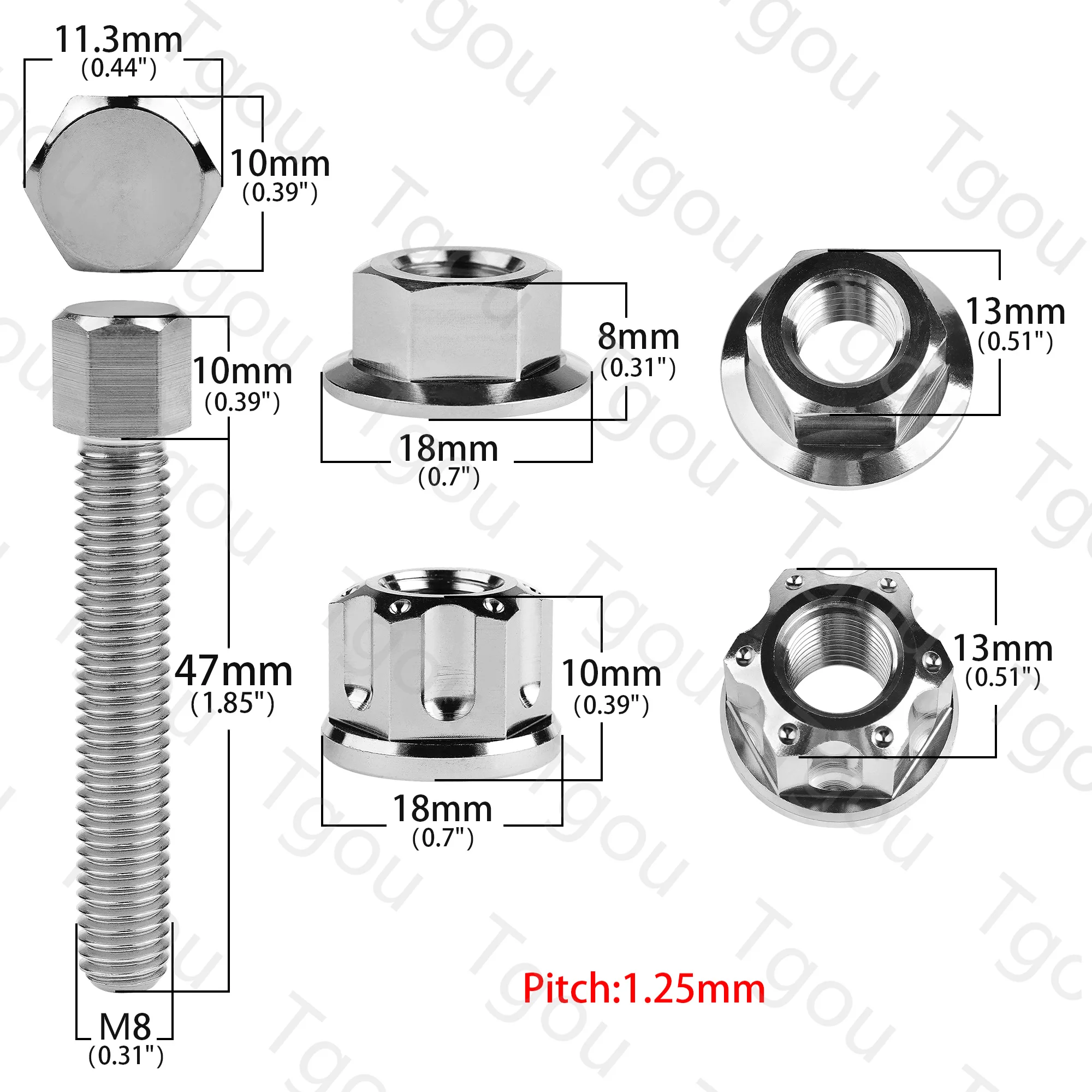 Tgou Titanium Bolts M8/M10x47mm Hexagonal Head Screw And Flange Nut Pitch 1.25mm Motorcycle Chain Tensioner Parts