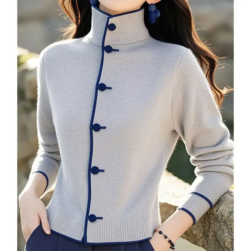 

Women's Turtleneck Long-Sleeved Knitted Sweater, Loose Cardigan, Color Matching Design, Casual Fashion Top, Autumn and Winter