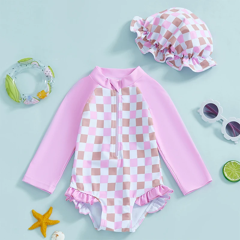 

Baby Girl Rash Guard Swimsuit Long Sleeve Checkered Print Bathing Suit Infant Swimwear with Sun Hat 2 Pieces Sets