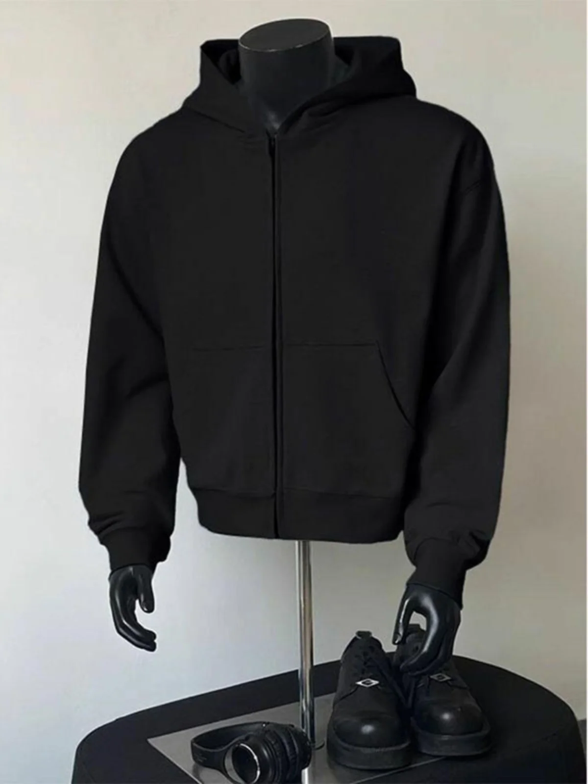 

Black Fleece Lined Hooded Open Cardigan Men's Autumn Winter Fashion Heavyweight Hoodie American Style Trendy Brand Casual Jacket