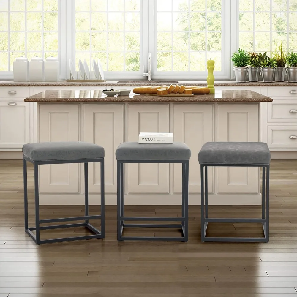 

Sophia & William Gray Bar Stools Set of 3, Counter Height 24" Bar Chairs for Kitchen Island,Modern PU Leather Square Kitchen Sto