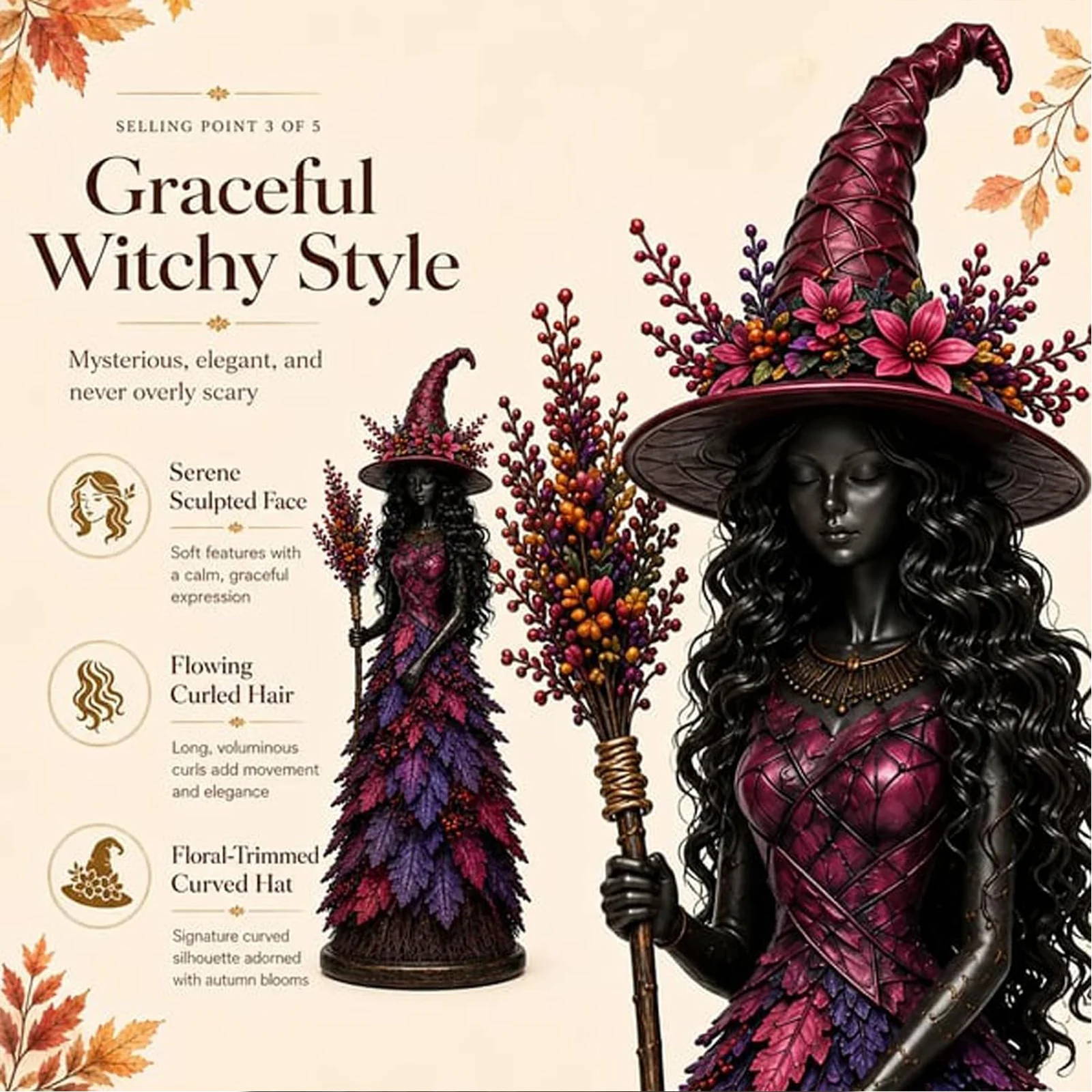 Enchanted Fall Witch Resin Figurine, Halloween Decorative Autumn Witch Sculpture, Seasonal Tabletop Statue for Thanksgiving Home