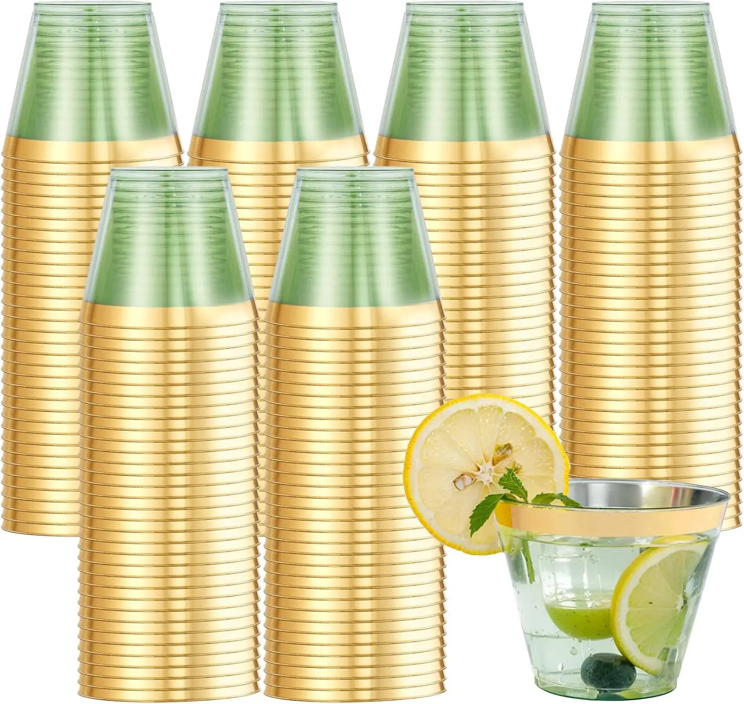 

100 упаковок зеленых пластиковых стаканчиков, прозрачные зеленые одноразовые стаканчики на 9 унций с золотой оправой — пластиковые бокалы для вина/коктейлей, одноразовые