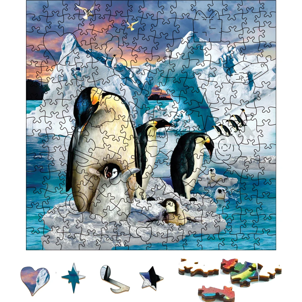 Wooden Penguin Jigsaw Puzzle para crianças e adultos, jogo de tabuleiro, quebra-cabeças para animais, jogos de festa, brinquedos