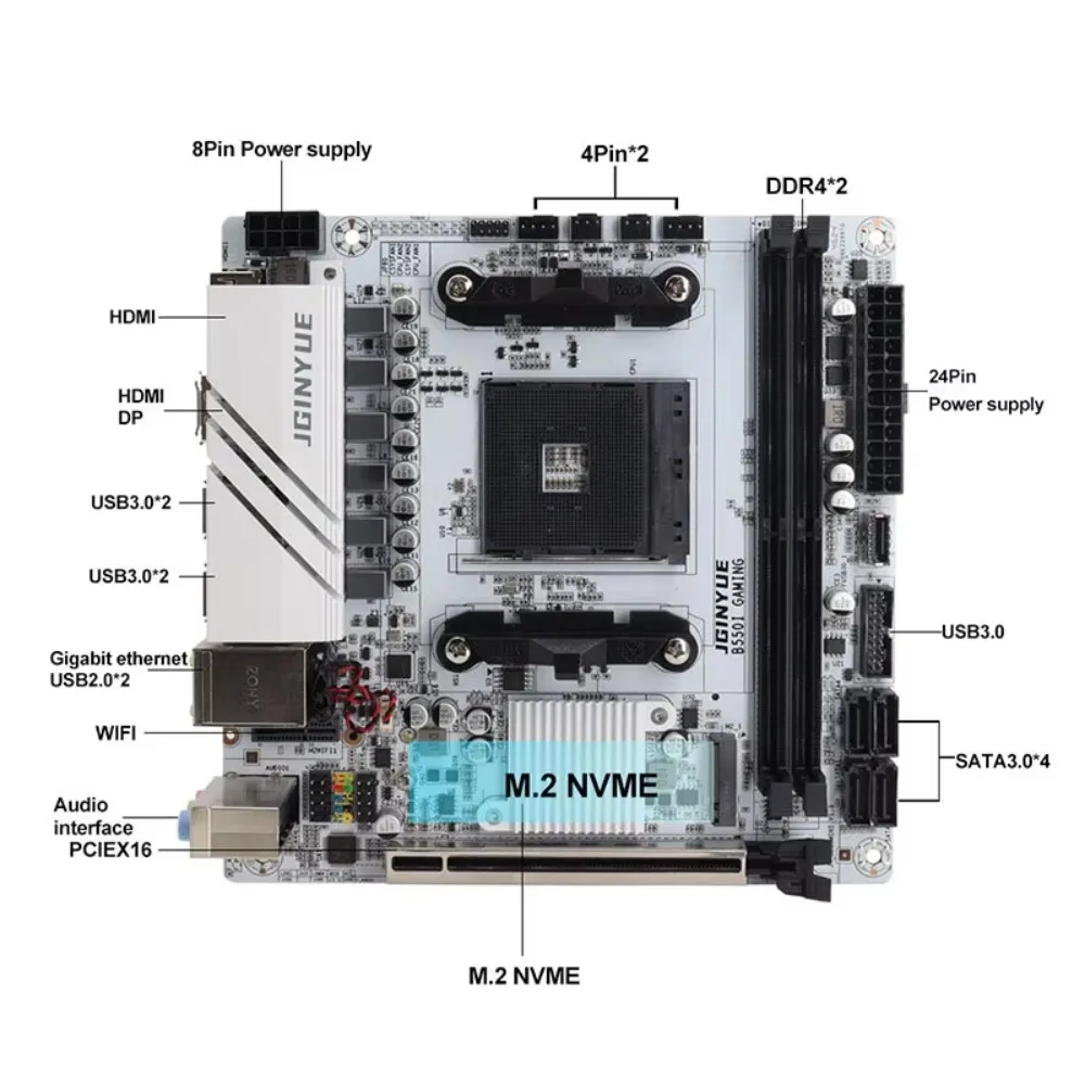 JINGYUE B550I GAMING Motherboard V1.8 version  AM4 PCIe 4.0 Dual M.2 DDR4 Mini-ITX for AMD Ryzen 5000 4000 Gaming PC