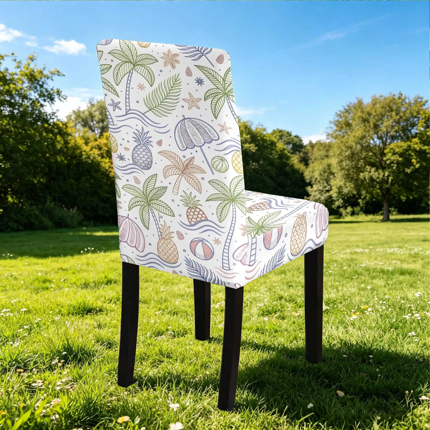 2024 Summer Outdoor Chair Cover, Tropical Palm Pineapple Seashell Print Elastic Stretch Slipcover, Washable Anti
