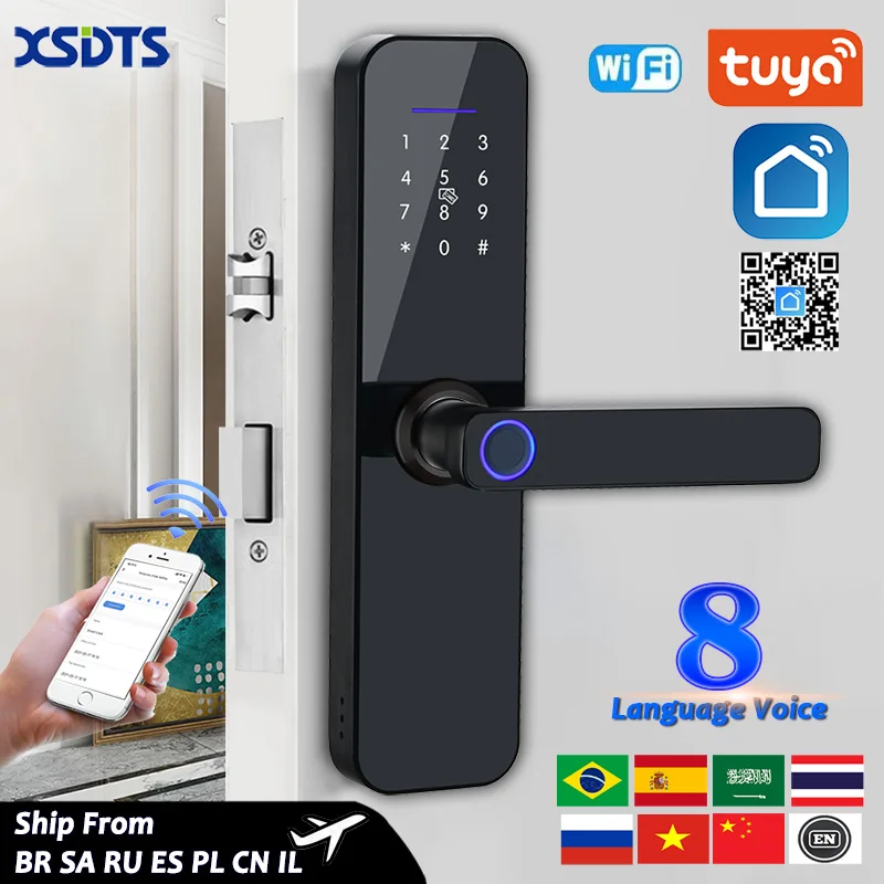 Local Warehouse, Free Tax Tuya Wifi Electronic Smart Door Lock With Biometric Fingerprint Card  Password Key Unlock