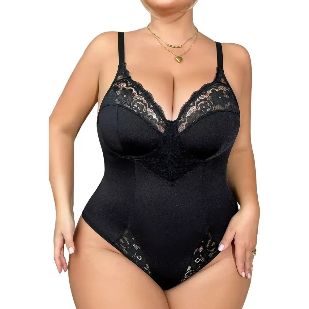 plus Size Lace Bodysuit Sexy Underwear European And American Style Deep V Neck Seamless Hollow out Non-Wireless for plus Size Wo