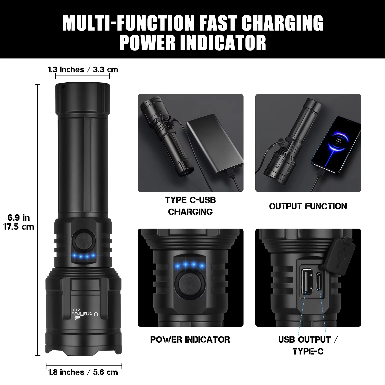 1500LM Portable Rechargeable LED Flashlights,Multi-functional With Focusing Mirror Light,Camping Fishing Emergency Zoom Lantern