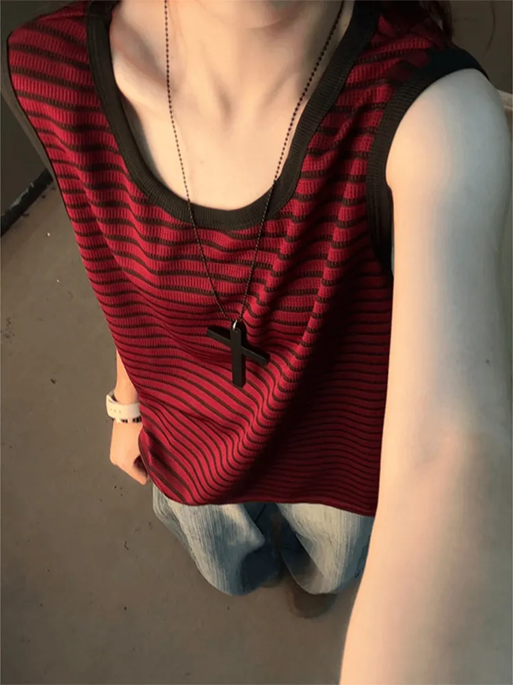 American High Street Vibe Striped Vest Unisex Summer Color Block Sleeveless T-Shirt Trendy Sporty Shoulder Pad Outfit