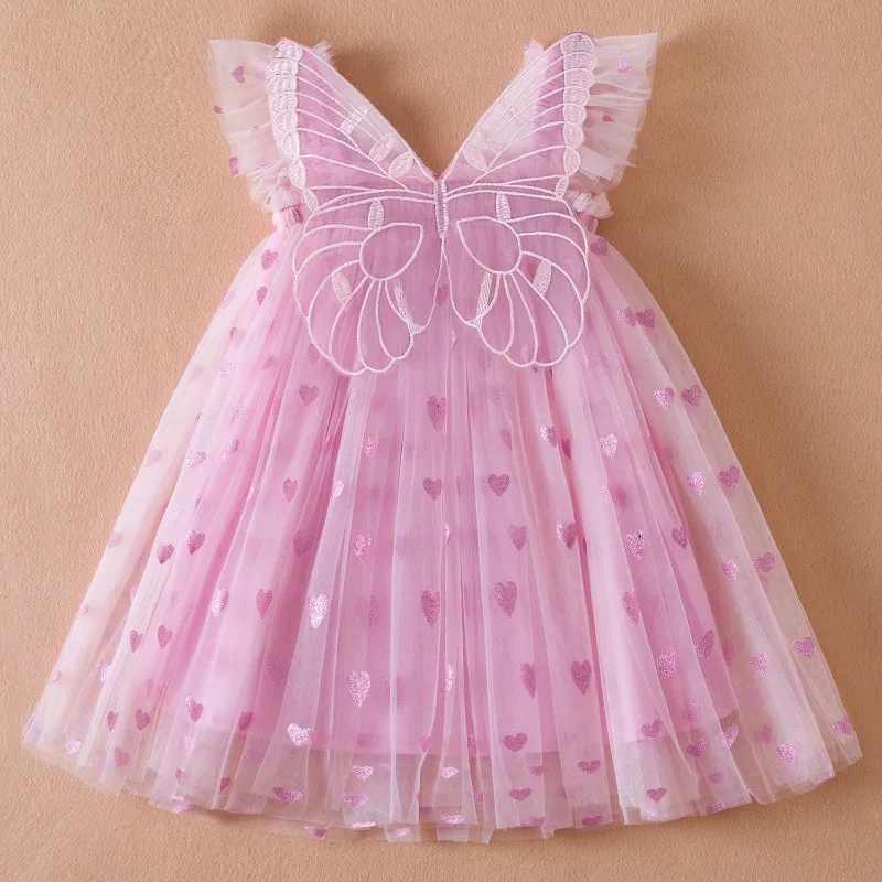 Kids Dress Summer Baby Gauze Sweet Heart Print Princess Dress Sleeveless 3D Angel Wings Fairy Dress Pink Kids Clothes Girls