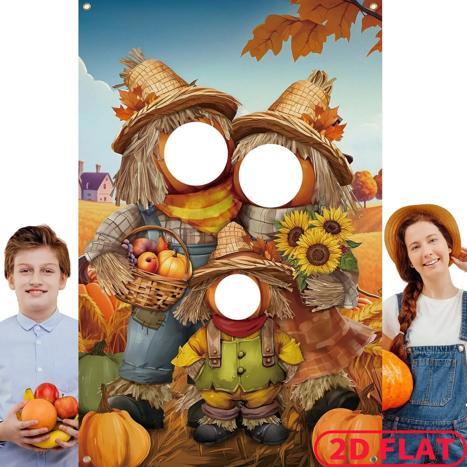 1pc Fall 3 Face Hole Party Banner, 2D FLAT Photo Booth Prop Head Cutout, Autumn Pumpkin and Scarecrow Door Cover Banner