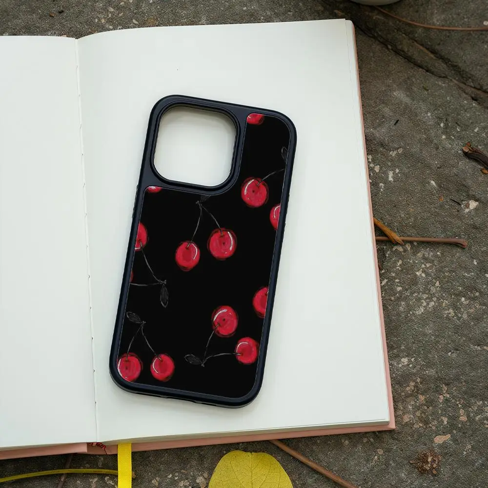 

Retro Red Cherry Korean Creative lNS Phone Case For IPhone 16 15 14 13 12Plus Pro Max Case Advanced carbon fiber black frame ac