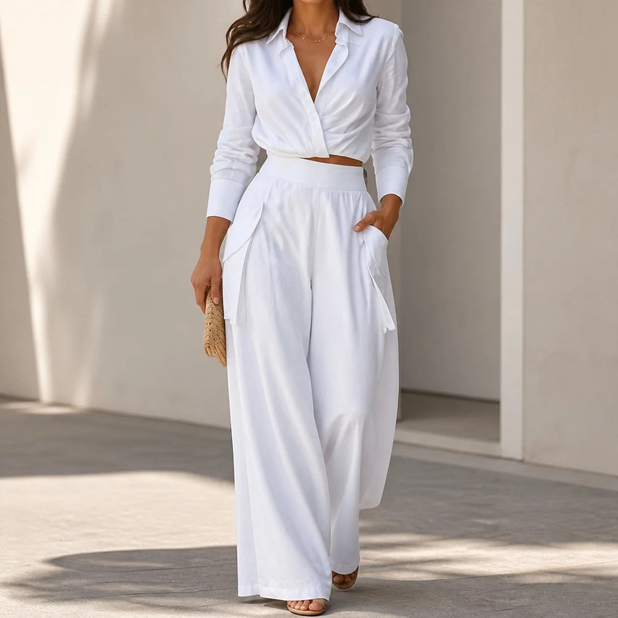 Casual Two Set Top Full Length Elegant with Pants Summer Commuter Shirt Top Long Pants Blouse Stacked Sleeves Women Sets