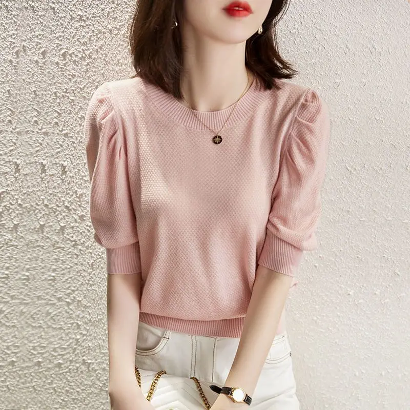 

Women's Spring Summer New Solid Color Round Neck Folded Bubble Sleeves Fashion Ice Silk Middle Sleeve Knitted Shirt T-shirt Tops