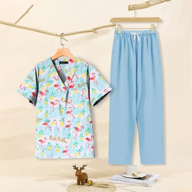 Medical Surgical Scrubs sets Cotton Print Scrub Top Pants Beauty Salon Work Lab Pet Shop Dental clinic Nurse Doctor Clothes