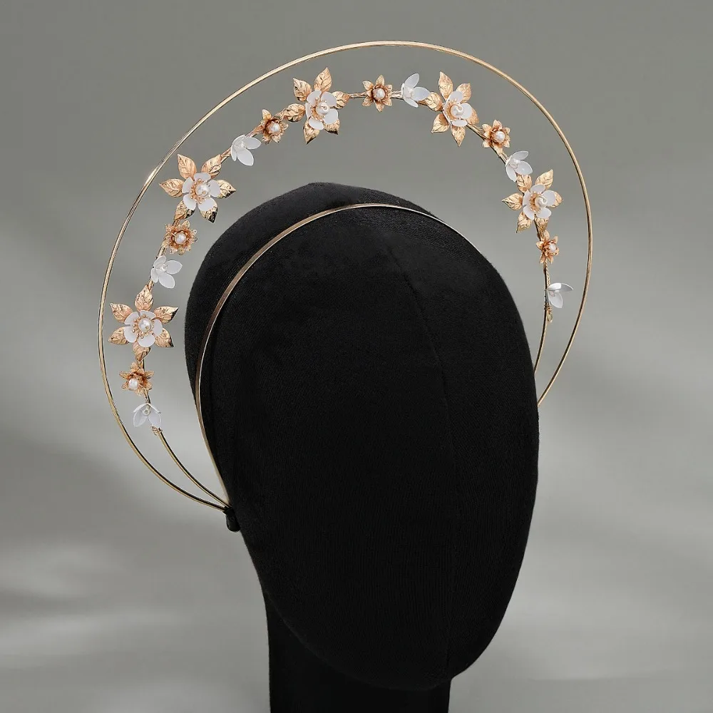 

Vintage Flower Goddess Halo Headband Crystal Sun Godmother Tiara Crown Gold Aureole Baroque Pearl Hair Hoop Cosplay