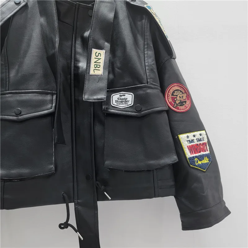 Kurtka motocyklowa Bla Biker, luźny krój, stójka, skóra PU, damska, wiosenno-jesienna, modna odzież wierzchnia, stylowa i wygodna.