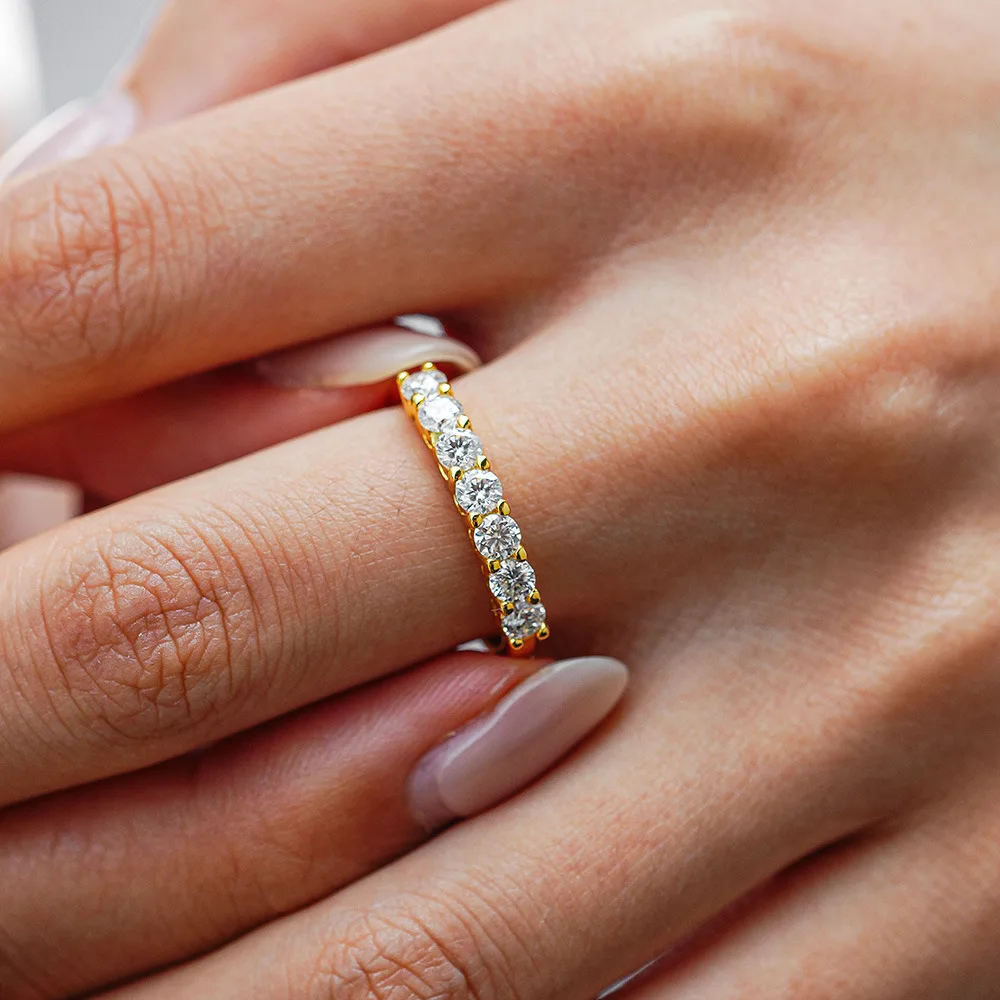 Moissanite Wedding Band Rings for Women 925 Sterling Silver Plated 14K Yellow Gold Eternity Stackable Engagement Ring