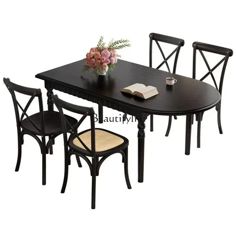 

French retro oval all solid wood dining table with ancient style and simple household ash wood