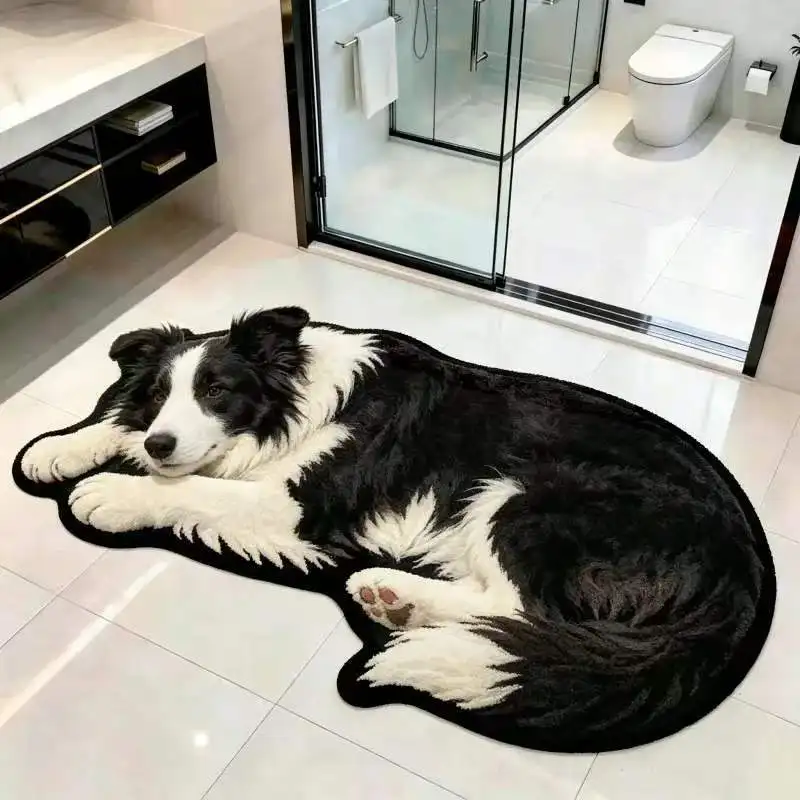 VIKAMA Border Collie Dog Shaped Bath Mat Non Slip Absorbent Floor Rug Washable Realistic Animal Pet Lover Bathroom Decor