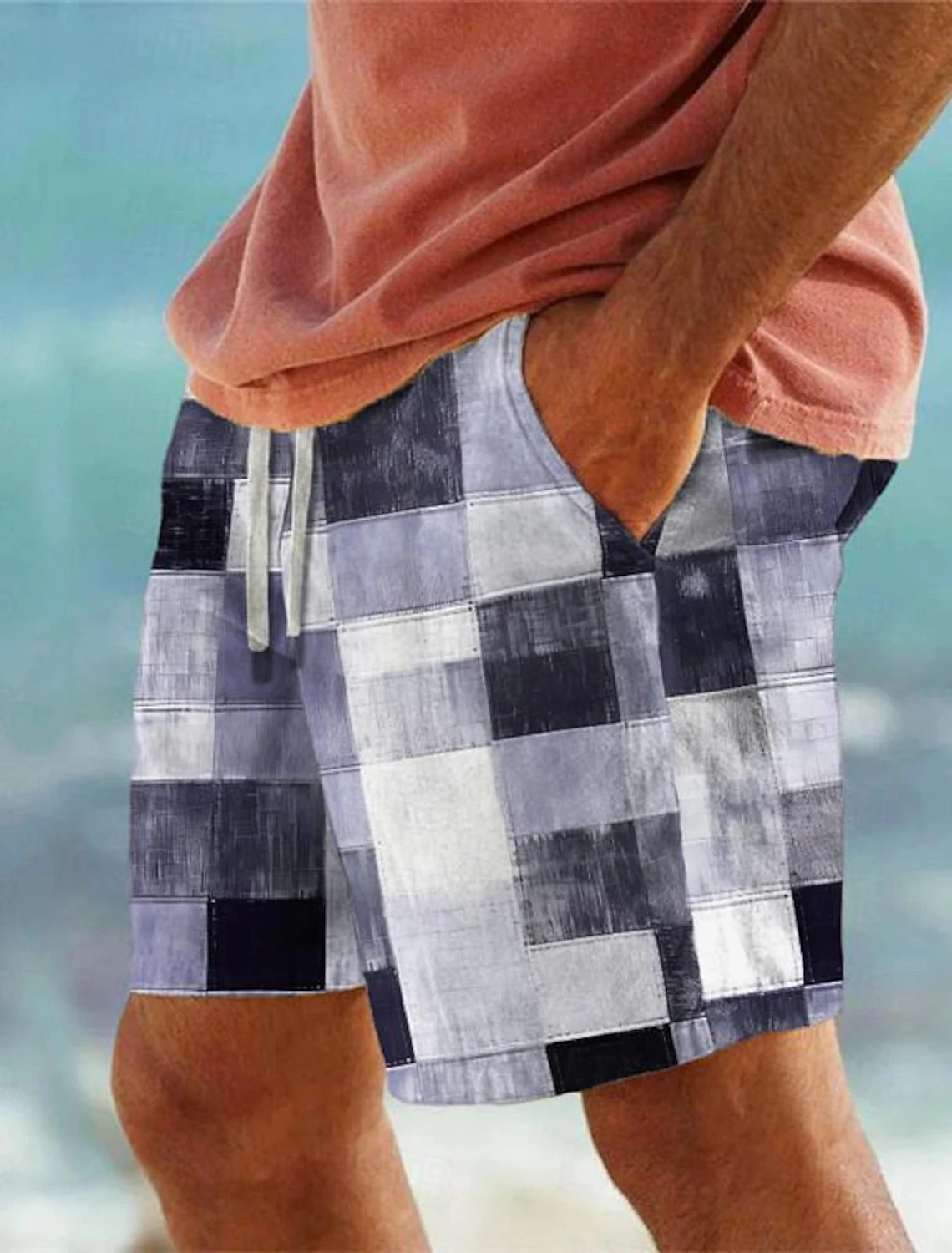 Men\'s Patchwork Plaid 3D Printed Beach Pants Men\'s Summer Breathable Shorts Fitness Street Shorts Men\'s Ropa Hombre