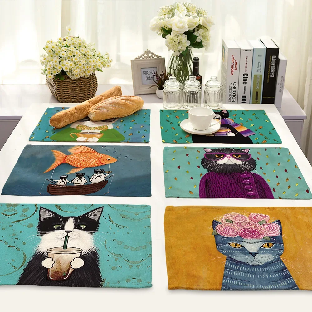 30x40cm Cute Cat Cartoon Animal Dining Mat Cotton Linen Place Mat Drink Coaster Cup  Kitchen Accessories