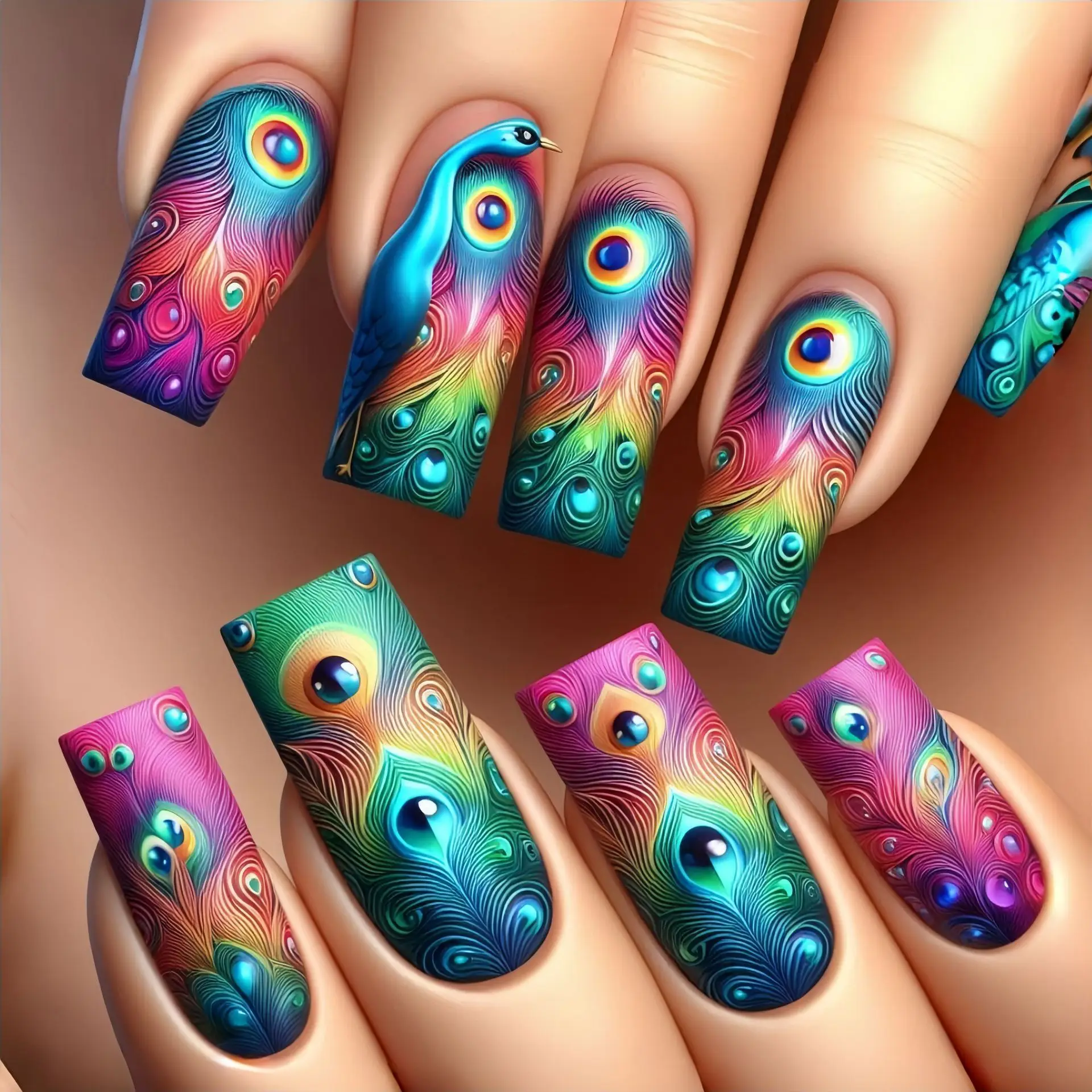 Mittlere künstliche Nägel für Frauen mit Farbverlauf, Blau, Lila, Orange, Pfauenfedern, gestreiftes Wolken-Design, quadratische Mandelspitzen, zum Aufdrücken der Nägel