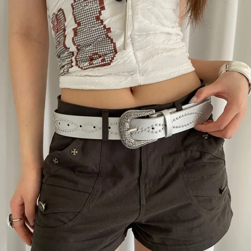 

Versatile Rhinestone Women's Belt PU Leather Punk Rivet Waist Belt American Waistband Dress Jeans Belt Daily