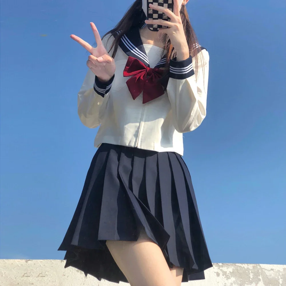 日本の女の子の制服,大きいサイズのjkスーツ,赤いネクタイ,ネイビーブルー,3つの基本的なセーラー服,半袖と長袖のスーツ,プリーツスカート