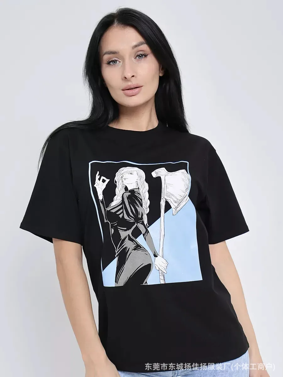 High Quality Chic Russian Fashion Cute Anime Axe Girl Print T Shirt Women Fashion Casual Cotton Short Sleeve Tops Streetwear