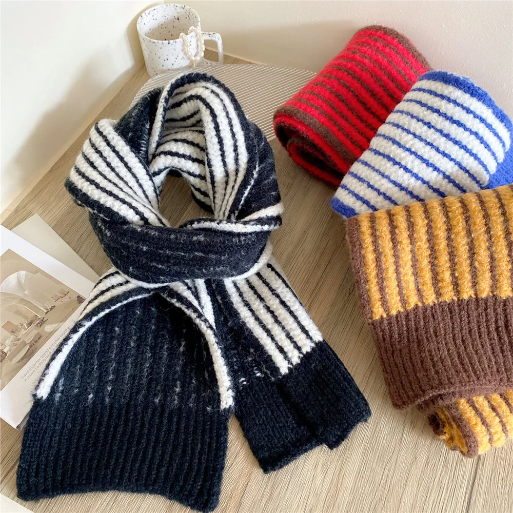 Girls Striped Knitted Scarf  Women's Winter Muffler Long Fashion All-match Thick Warm Woolen Scarf For Students Neckerchief