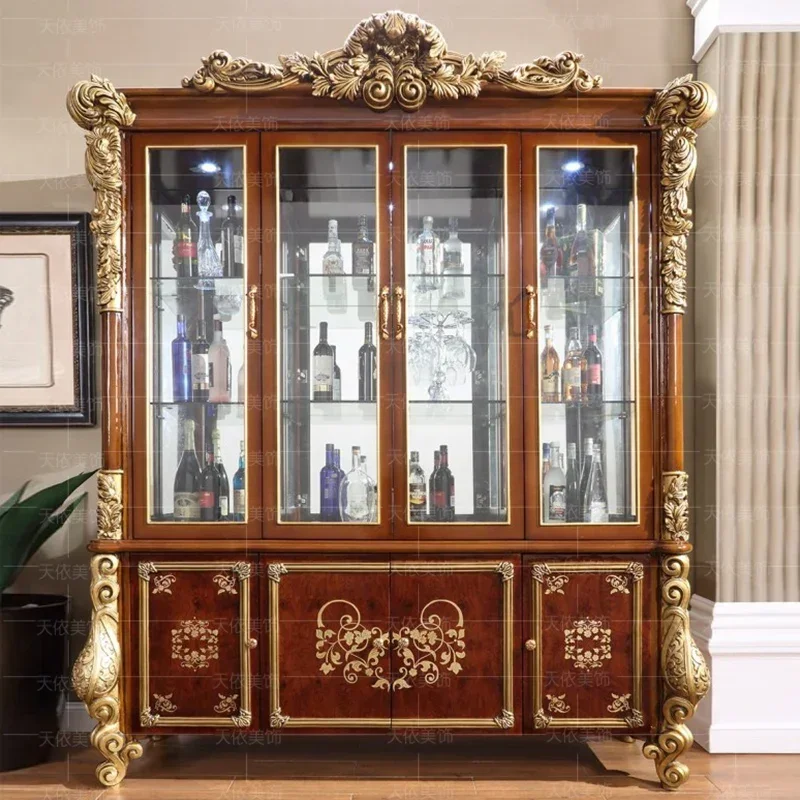 American solid wood four-door living room wine cabinet log carved gold wine cabinet European side cabinet