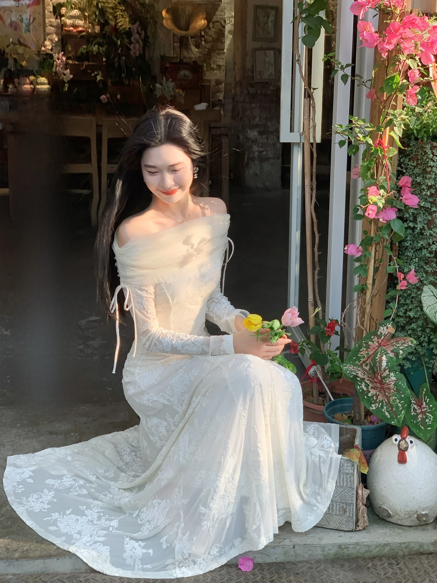 

Long One-oulder Fairy Skirt Dr Women's French Sle Casual Holiday Me Gown with Belt A-Line Skirt No-Sve Zipper Ba