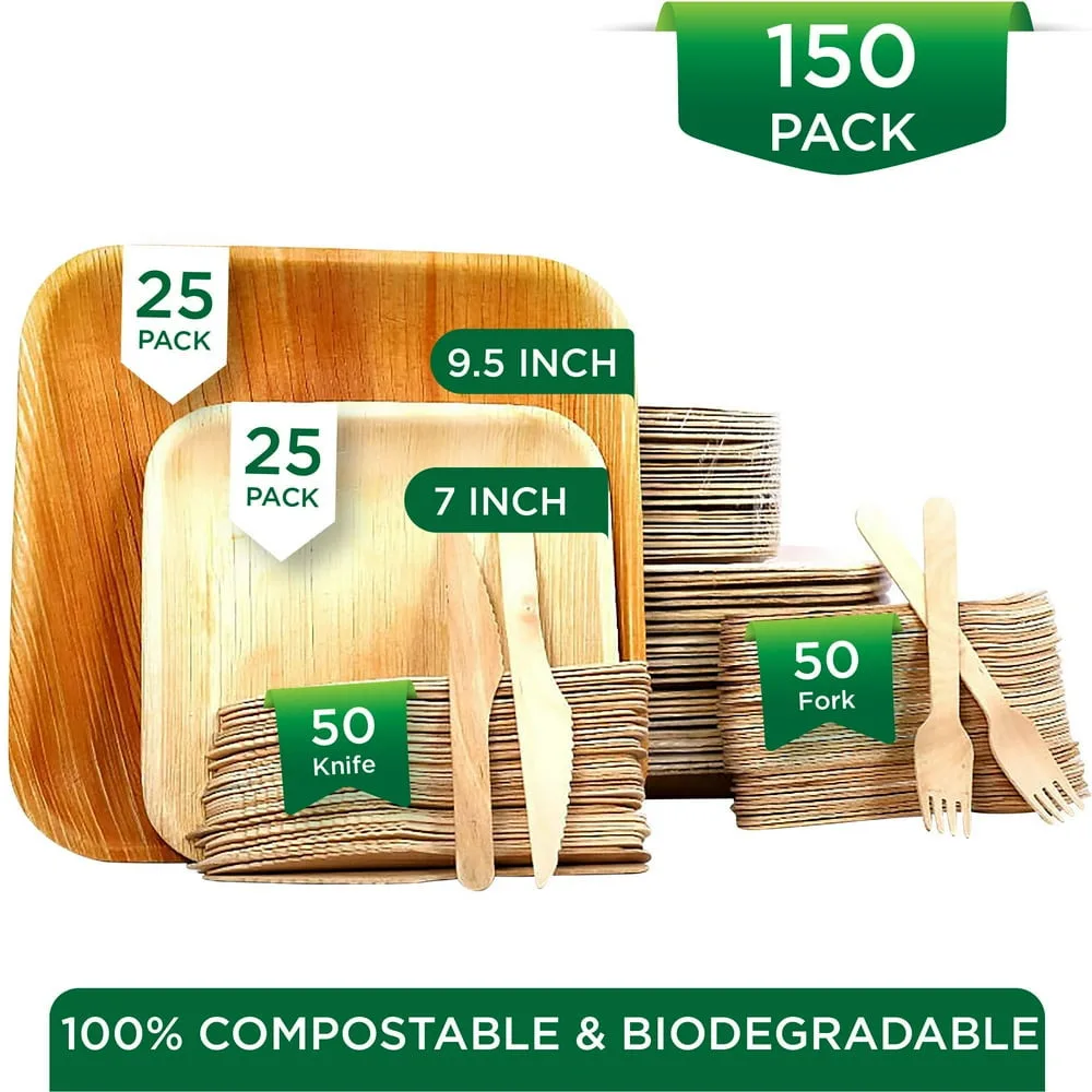 

Пластины Raj Palm Leaf [150 упаковок] Тарелки размером 25 x 9,5 дюйма и 25 x 7 дюймов, 50 вилок и 50 ножей, такие как бамбуковые тарелки, одноразовые, прочные,
