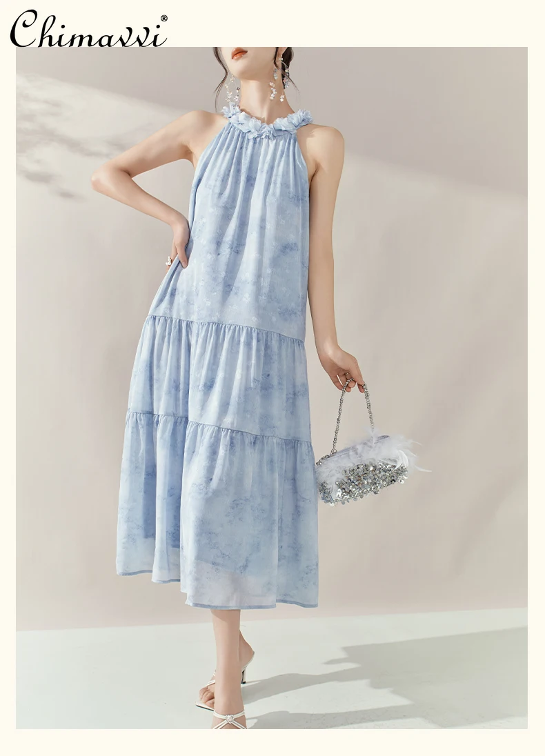 

French Elegant Gentle Style Vacation Casual Summer Dresses Neck 3D Flower Sleeveless Off Shoulder Loose Blue Long Dress Women
