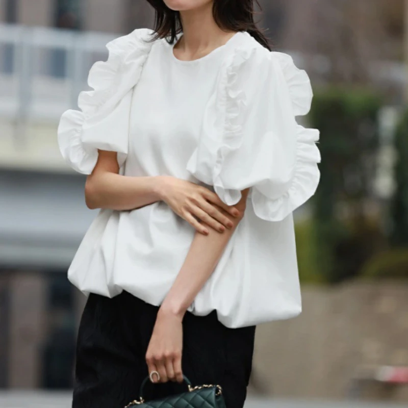 Japan Style Chic Sweet Ruffles Pacthwork Short Sleeve Top O-neck Solid Loose Blouse Shirts 2024 Spring Summer Fresh Blusa Mujer