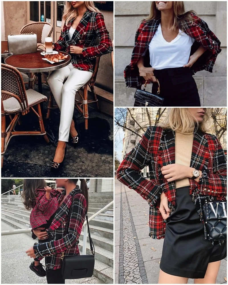 New Red Plaid Jacket 2023 Women Spring-Autumn Retro Tweed Suits Jackets Office Ladies Vintage Chic Slim Coats Girls Tops Coat