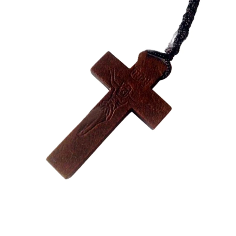 Wood Beads Cross Rosary Necklace Holy Catholic Jewelry Charm Crafts for Christian Church Home Bedroom Decoration