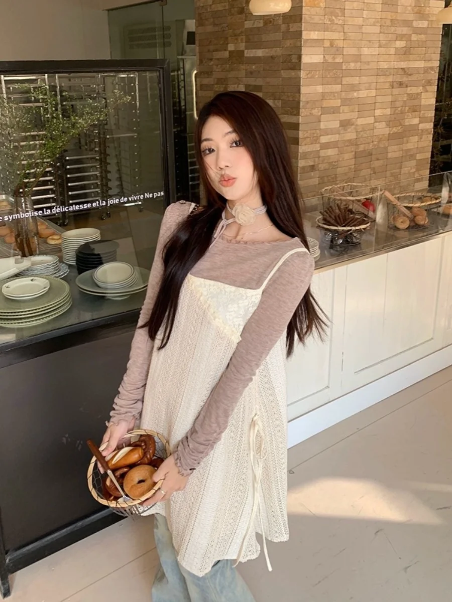 Vestido f estilo coreano com alças vazadas, camada de base, gola em v, cintura alta, linha a, vestido curto, temporada...