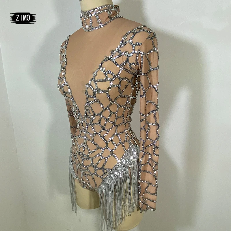 Sparkly Rhinestones Tassel Bodysuit Sexy Nude Mesh Transparent Nightclub Show Dance Costume Bar DS Singer Stage Performance Wear