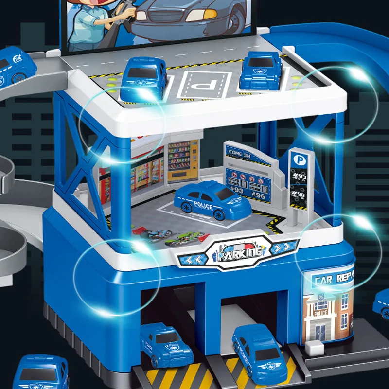 Parcheggio Giocattoli Parcheggio per vagoni ferroviari elettrici Assemblato fai-da-te Pista Inerzia Auto Ingegneria Mini Veicolo Giocattolo Ragazzi Bambini Compleanno Gif
