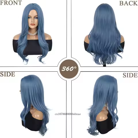 Synthetic Blue Wigs Long Curly Wavy Wig Heat Resistant Middle Parting Anime Costume Wig for Girls Women Cosplay Halloween Party