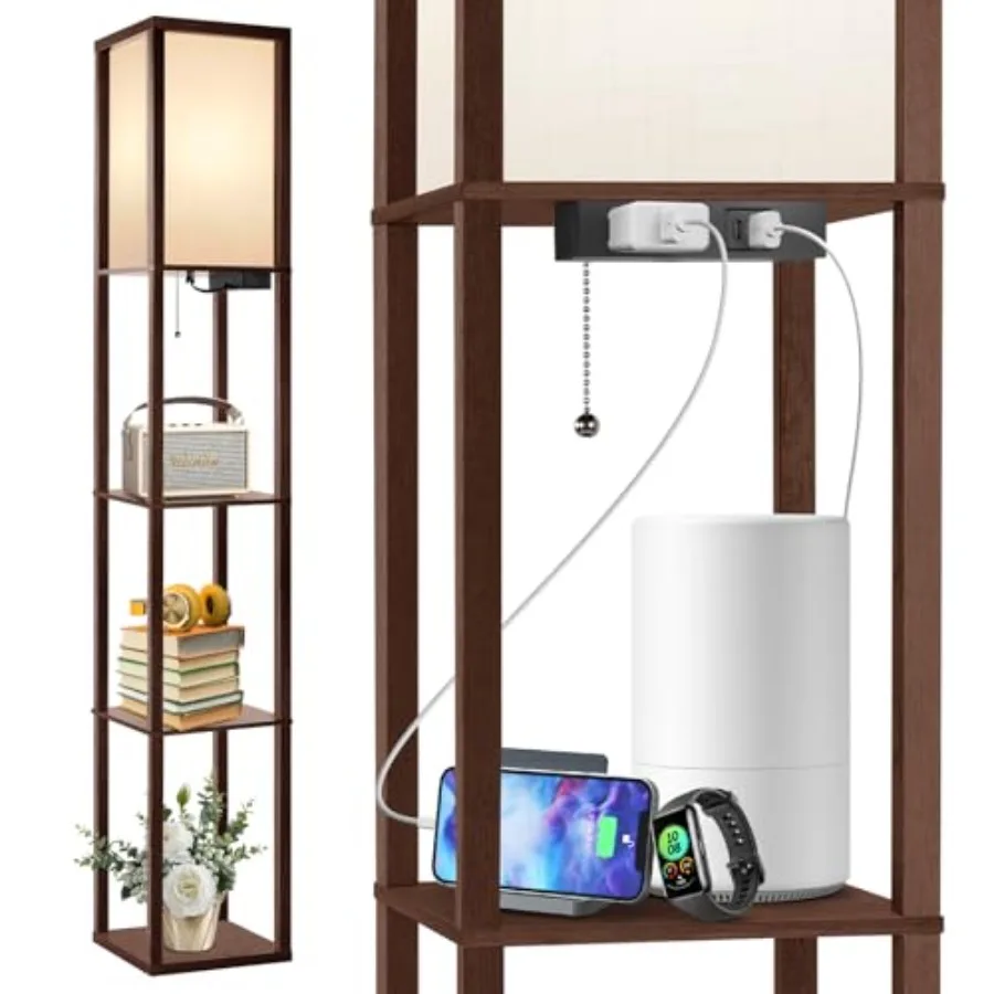 

Floor Lamp with Shelves, LED Shelf Floor Lamp with USB and Type C Ports, 1 AC Outlet, 3 Color Temperature, Storage Display Wood