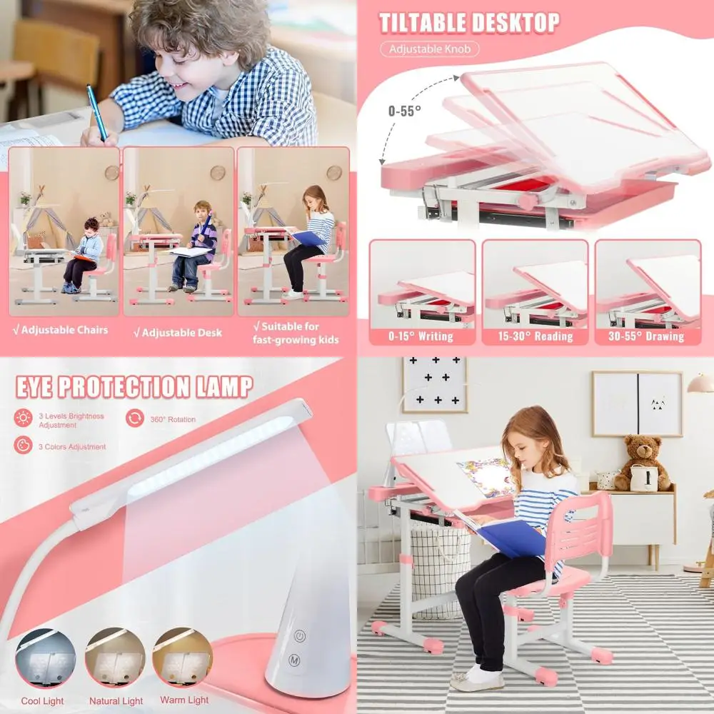 

Детский учебный стол с регулируемой высотой, наклонной столешницей, светодиодной подсветкой, хранилищем и металлическим крючком - розовый